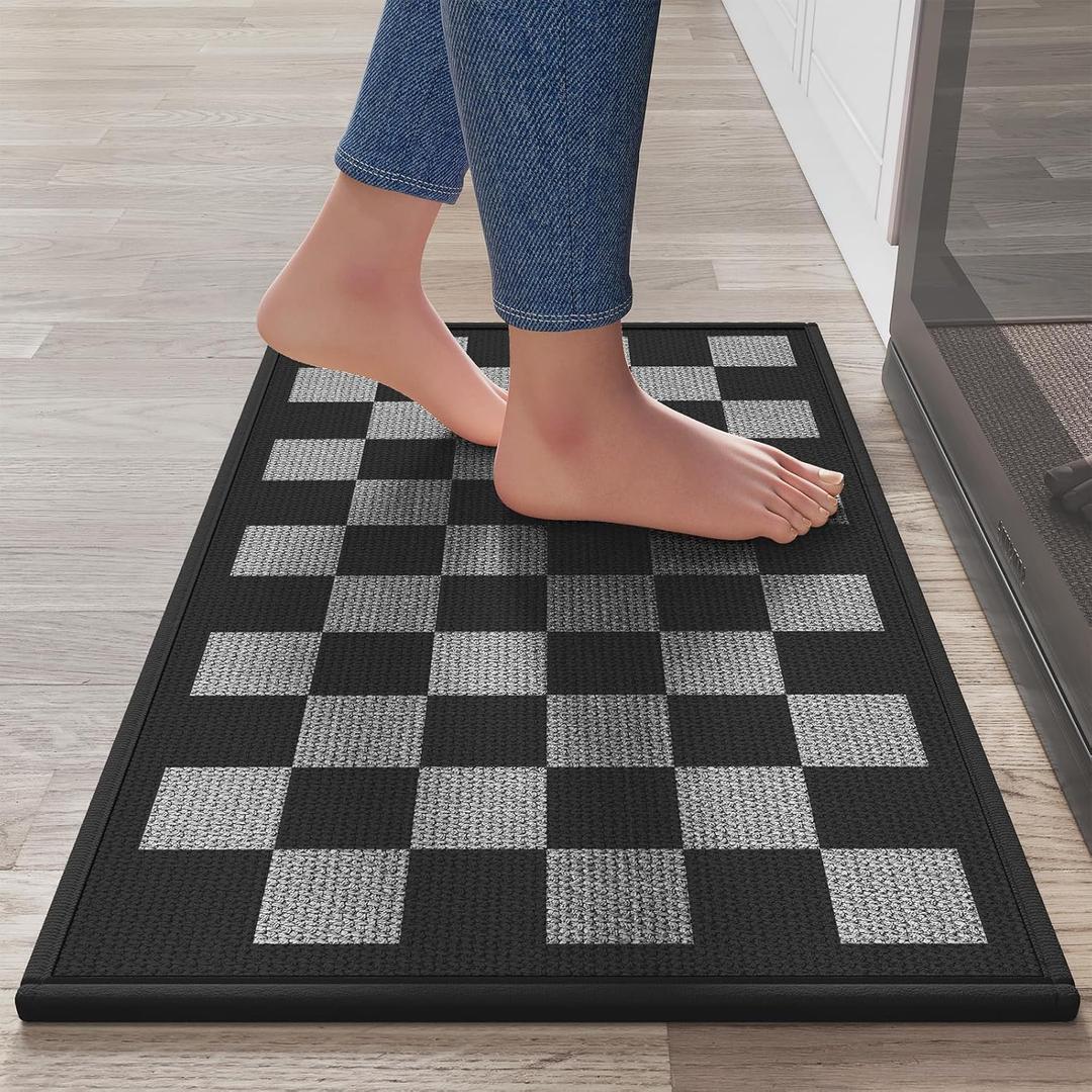 YDKGL Kitchen Mats for Floor, Super Absorbent Kitchen Rugs Non Slip Washable, Linen-Look Woven Cushion Runner Rug, Kitchen Sink Mat Standing Mat, Black Gray Checkered 17"x30"