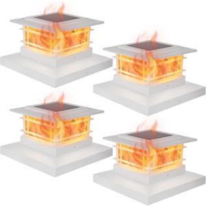Dynaming 4 Pack Solar Post Cap Lights Outdoor with Flickering Flame Light, White Shell Fence Post Solar Lights Fit 4x4 5x5 Vinyl/Wooden Posts, Brightness LED Lighting Decor for Garden Deck Patio
