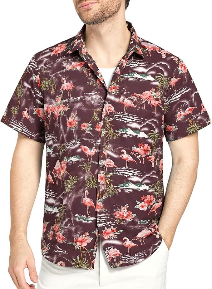 SSLR Pack Hawaiian Shirt for Men Flamingo Short Sleeve Casual Button Down Shirts Summer Beach Shirt, Small