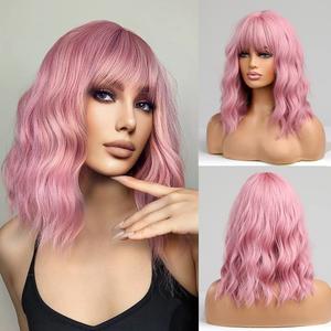 BERON Candy Pink Wig Short Curly Wig Pink Wigs with Bangs Women Charming Wigs Synthetic Wig with Hairnet