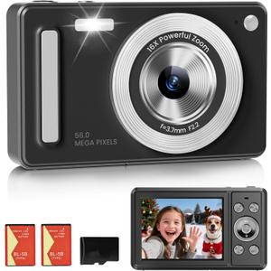 Digital Camera, FHD 1080P Point and Shoot Camera with 32GB SD Card, 2 Batteries, 16X Zoom, Anti Shake, Compact Small Design for Kids Teens Students Girls Boys (Black)