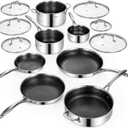 Deluxe 13 Piece Hybrid Ceramic Nonstick Stainless Steel Cookware Set-5 Piece Frying Pan Set, 6 PC Pot Set, 3.7QT Deep Saut Pan&Lid, Induction Ready, Stay Cool, PFOA Free Compatible with All Cooktops