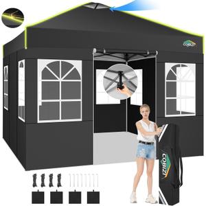 COBIZI 10x10 Pop Up Canopy Tent, Outdoor Party Tent with 4 Sidewall One Push Setup Glow, 3 Adjustable Height Air Vent Waterproof UPF50+, Bag, 4 Sandbag, 8 Stake, 4 Rope for Beach, Commercial (Black)