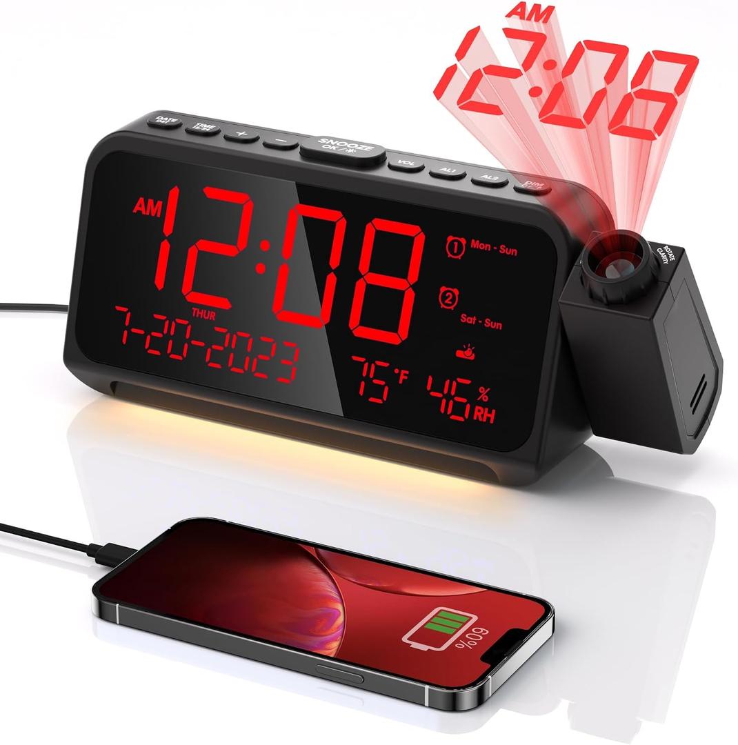 Projection Alarm Clock for Bedroom,Digital Clock with 350 Rotatable Projector,5-Level Dimmer,Dual Alarm with Weekday/Weekend Mode,Adjustable Volume,Temp,Humidity,Calendar,Snooze,12/24H,Night Light, Small