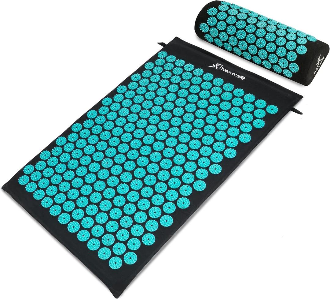 ProsourceFit Acupressure Mat and Pillow Set for Back/Neck Pain Relief and Muscle Relaxation (Large, Black/Aqua)