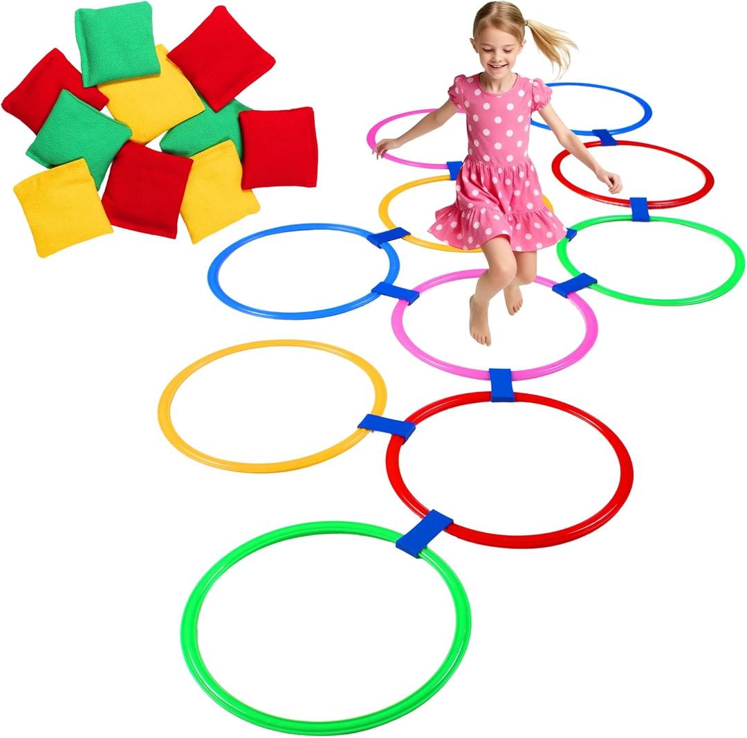 Multi-Game Hopscotch Set with Toss Bean Bags, Hopscotch Ring Game for Kids, Outdoor Physical Games Promoting Coordination, Durable Playground Toys for Boys and Girls