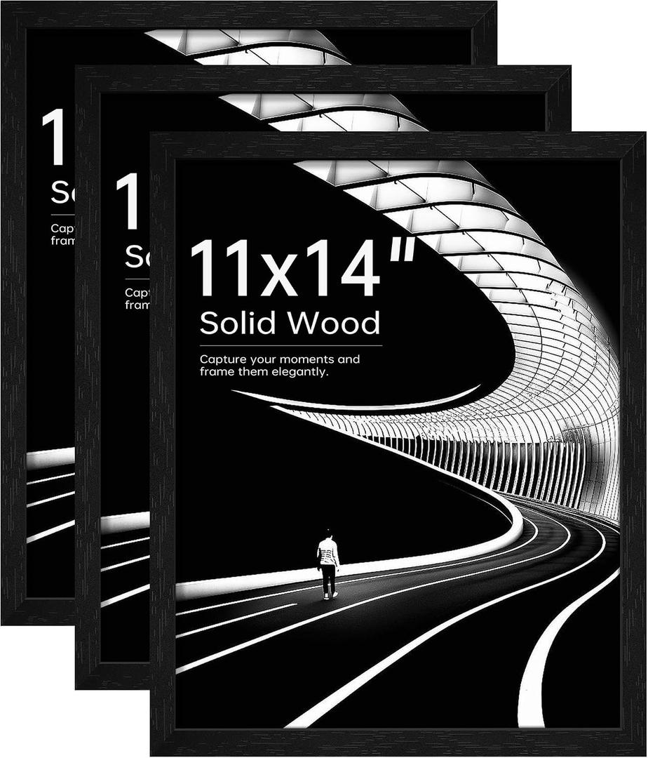 11x14 Solid Wood Picture Frame, Black Wood Grain, Set of 3 | Fits 11x14 Photos, Clear Shatterproof Cover, Black Backboard, Horizontal or Vertical Wall Hanging, Tabletop Display, Modern