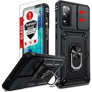 LeYi for Samsung Galaxy S20-FE 5G Case:   , Samsung S20 FE Case with Camera Cover+Glass Screen Protector, Heavy Duty Rugged Cell Android Cover Funda Ring Stand S20FE Phone, Black