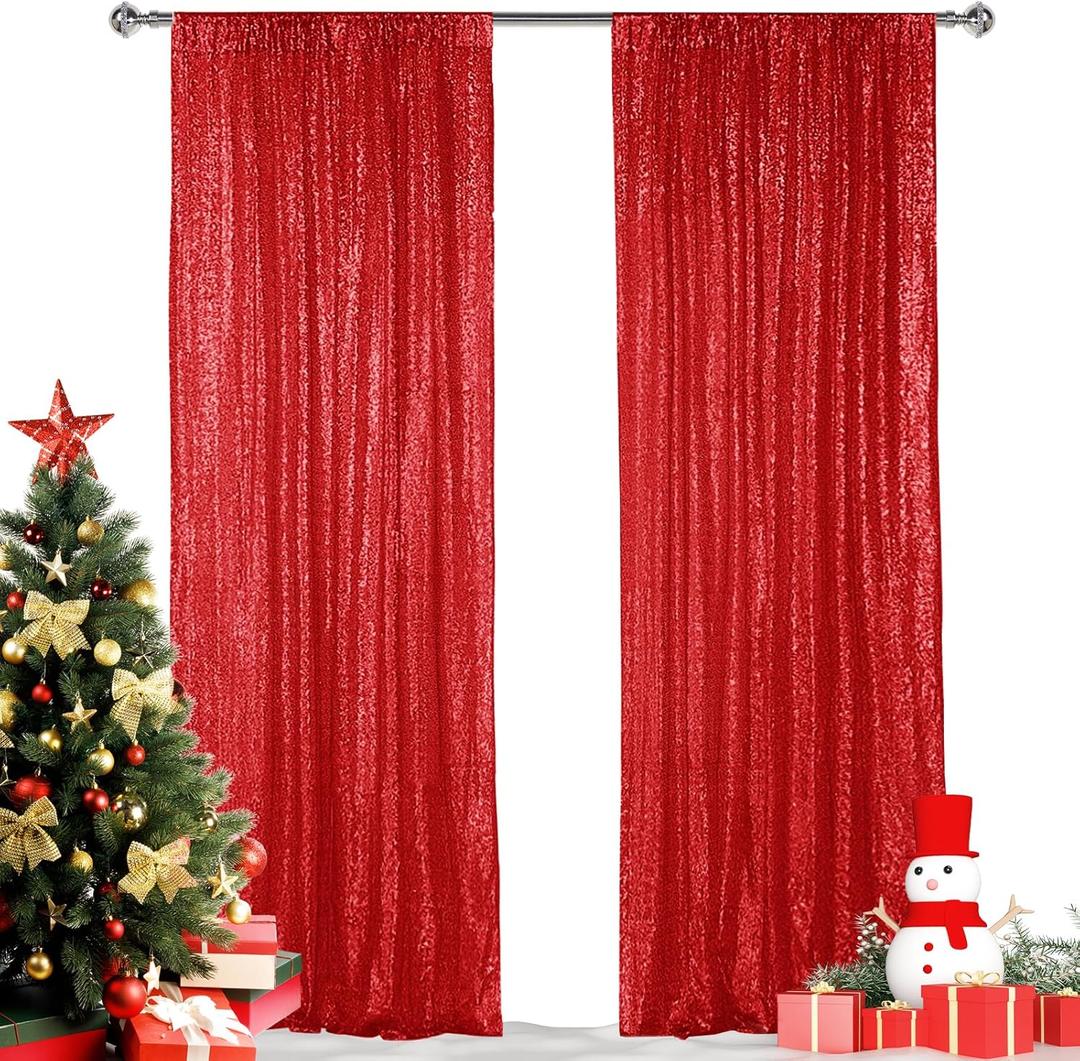 Hahuho Red Sequin Backdrop Curtain, 2PCS 2FTx8FT Glitter Backdrop Curtain for Parties, Christmas, Wedding, Party Decoration, 2 Panels, 2FT x 8FT, Red