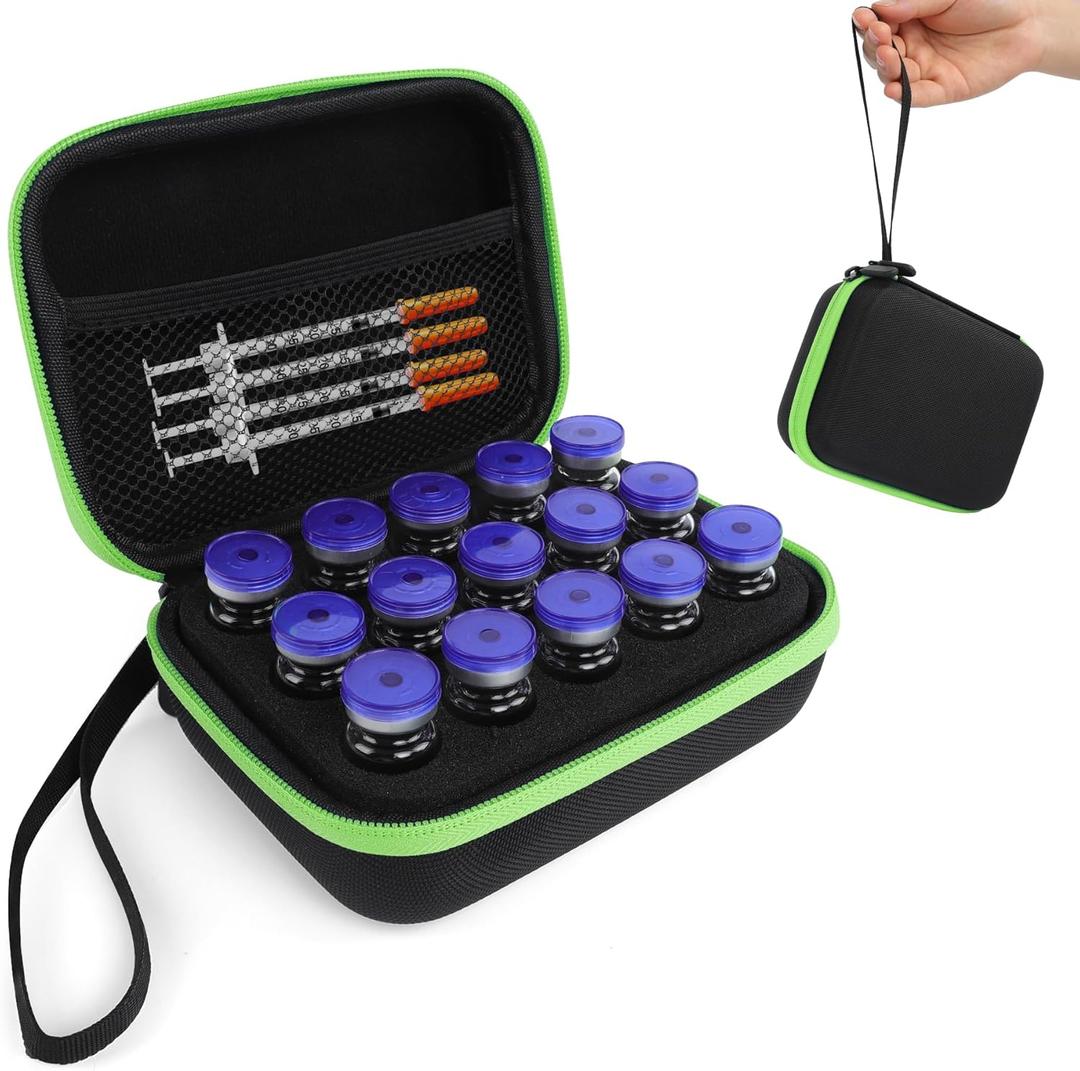Insulin Fridge Holder Storage Case Peptide Vial Case Protector Holder Insulin Cooler Travel Organizer Fits Standard 10ml U-100 Vials 15 Slots with Zipper (Green, 15 slots)