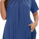 MONNURO Womens Summer Tops Plus Size Tops Short Sleeve Pleated Shirts Swing Blouse Tunic Tops for Curvy Women (Blue, XL)