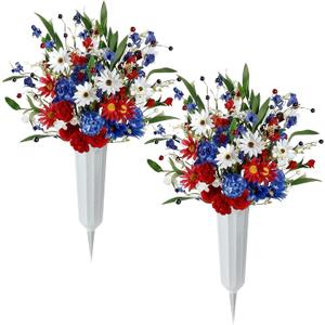 Thiccywoov 2 Sets Memorial Day Flowers for Cemetery with Vase Patriotic Artificial Red White Blue Daisy Graveyard Flowers for Memorial Day Cemetery Headstones Decoration