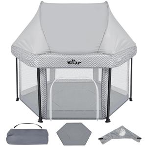 Bear Baby Playpen, Outdoor Play Yard Foldable Playpen with Canopy Mat for Babies Toddlers, Portable Indoor Kids Activity Fence Pack and Play