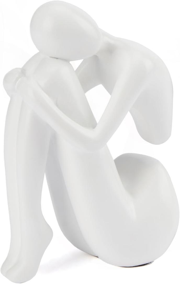 White Decor Women Statue, Thinker Girl Sculptures, Modern Abstract Art Accents, White Resin Collectible Figurines for Living Room Bedroom Bookshelf Coffe Table, Resin, 1Piece