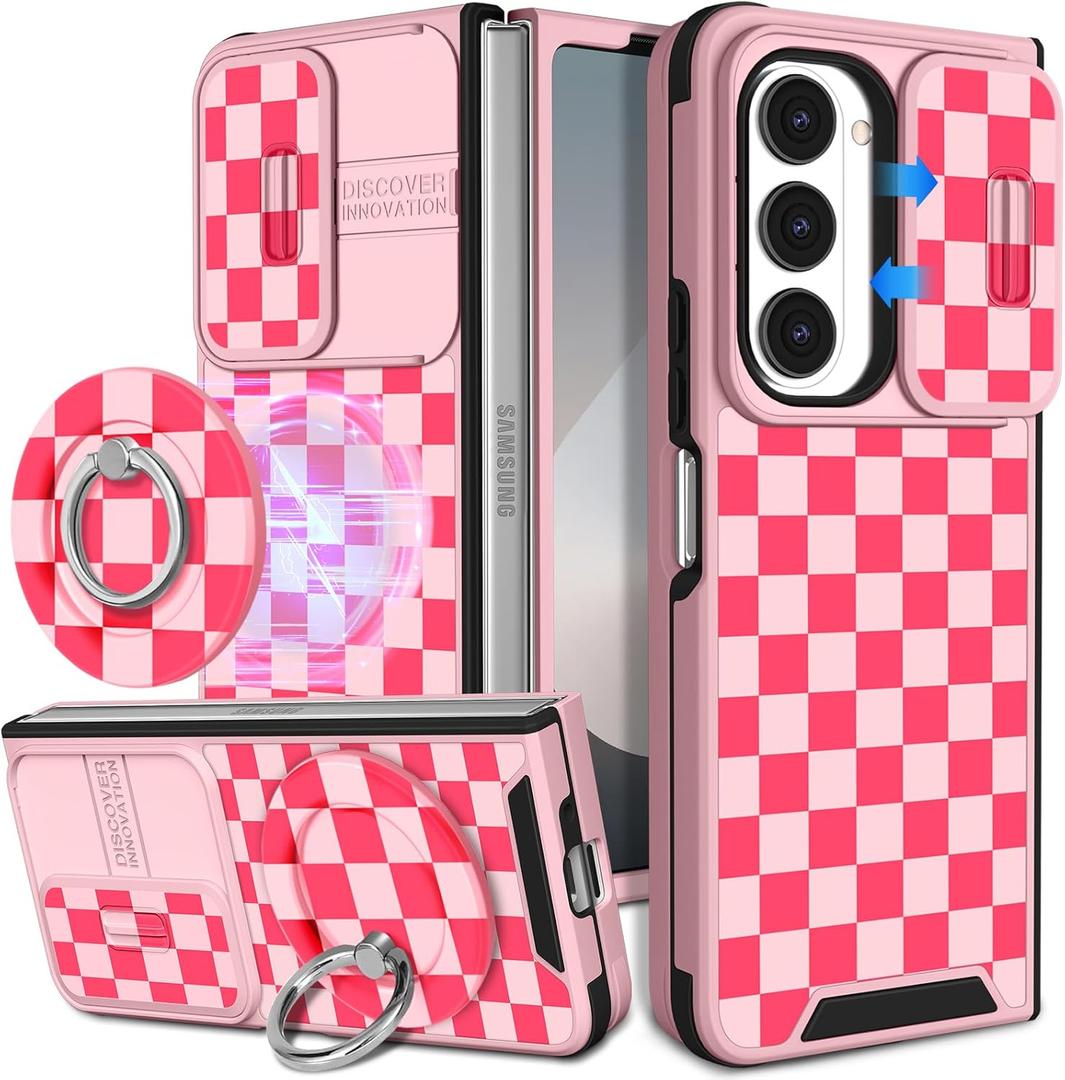Buleens for Samsung Galaxy Z Fold 6 Case - with Ring Stand & Camera Cover Aesthetic Cute Designed for Women Girls Pretty Unique Kawaii Girly Phone Case for Galaxy Z Fold 6 Compatible with Magsafe (Pink Plaid)