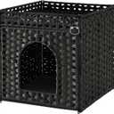 SETVSON Cat Litter Box Enclosure Furniture, Hidden PE Rattan, Black | PE Rattan Kitty House with Top Fence, Fits Standard Litter Box, Included Litter Mat, 2 S-Hooks, Sturdy Metal Frame