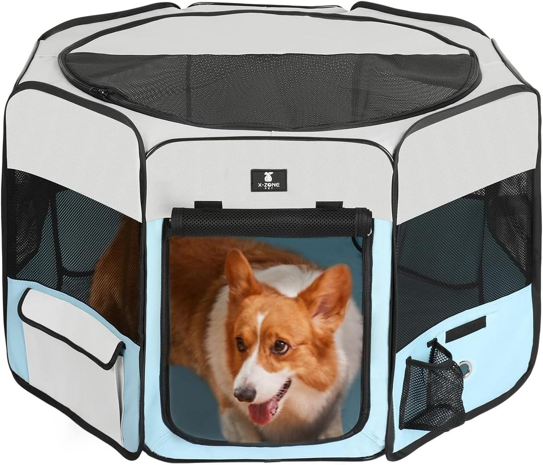 X-ZONE PET Dog Playpen Portable Pet Play Pens for Puppies, Cat, Rabbit, Chicks, Foldable Exercise Play Tent Kennel Crate, Indoor/Outdoor Travel Camping Blue Medium