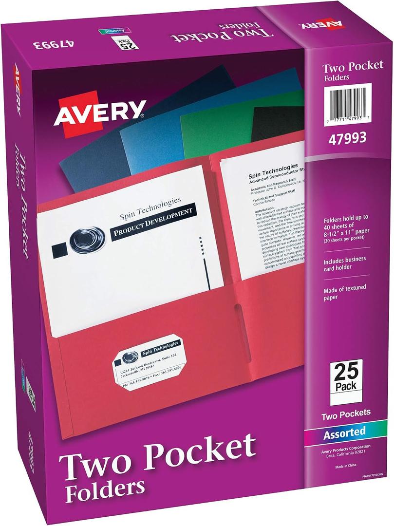 Avery Two Pocket Folders, Holds up to 40 Sheets, Business Card Slot, 25 Assorted Folders (47993)