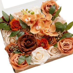 Ling's Moment Fake Flowers Box, Faux Artificial Greenery Stems Foam Roses Silk Orchid Poppy Fabic Flower for Centerpieces Bouquet Wedding Vase Floral Arrangement Decoration, Orange & Nude, Grand Combo