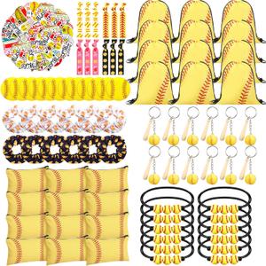 Halloscume 134 Pcs Softball Party Supplies Set Softball Drawstring Backpack Keychains Charm Bracelets Cosmetic Bag Ties Hair Scrunchies Mirror Stickers for Sports Team