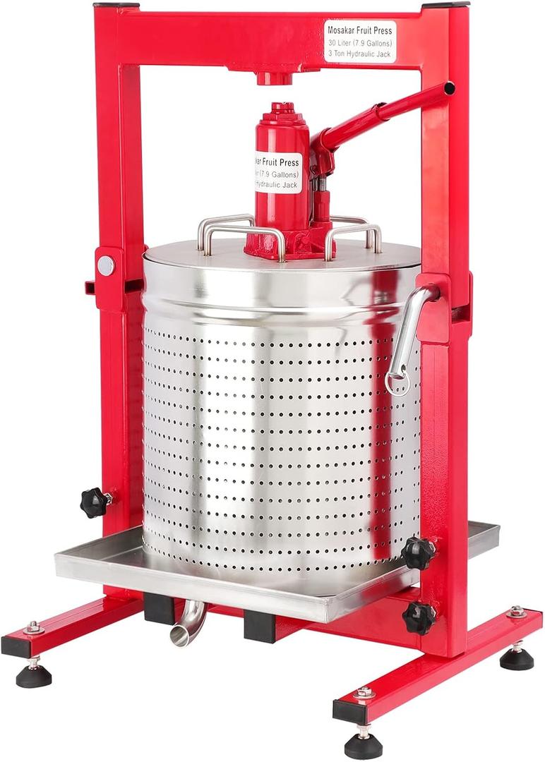 7.93 Gallon / 30L Mosakar Hydraulic Fruit Press. 3 Ton Pressure. Parts contact with Juice are AISI 304 Stainless Steel. Home Use Grape Apple Wine Cider Juice Press