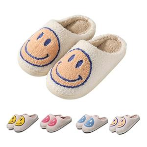 FACAXEDRE Slippers Indoor Outdoor,Happy Face Retro for Women House Soft Fluffy Slides,Cushion Slides Smile Face Furry Shoes, 4.5-5.5 Women/3.5-4.5 Men