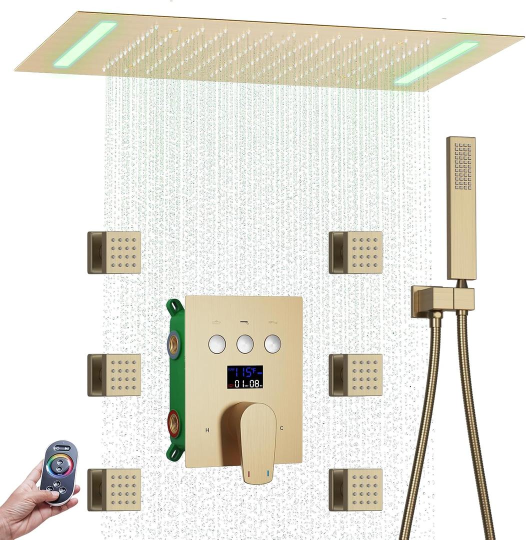 Bathroom Shower System Ceiling 14x20 Inch Shower Head, Spray With Handle, 6 PCS Body Jet And Handheld, Temperature Display Shower Faucet Set (Brushed Gold)