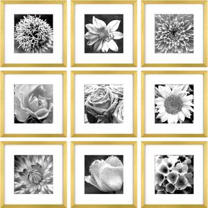 Yaetm Gold 12x12 Picture Frames Set of 9, Square Frame Displays 8x8 with Mat or 12x12 without Mat, Gallery Wall Frame Set for Wall Mounting (9 pack, Gold)