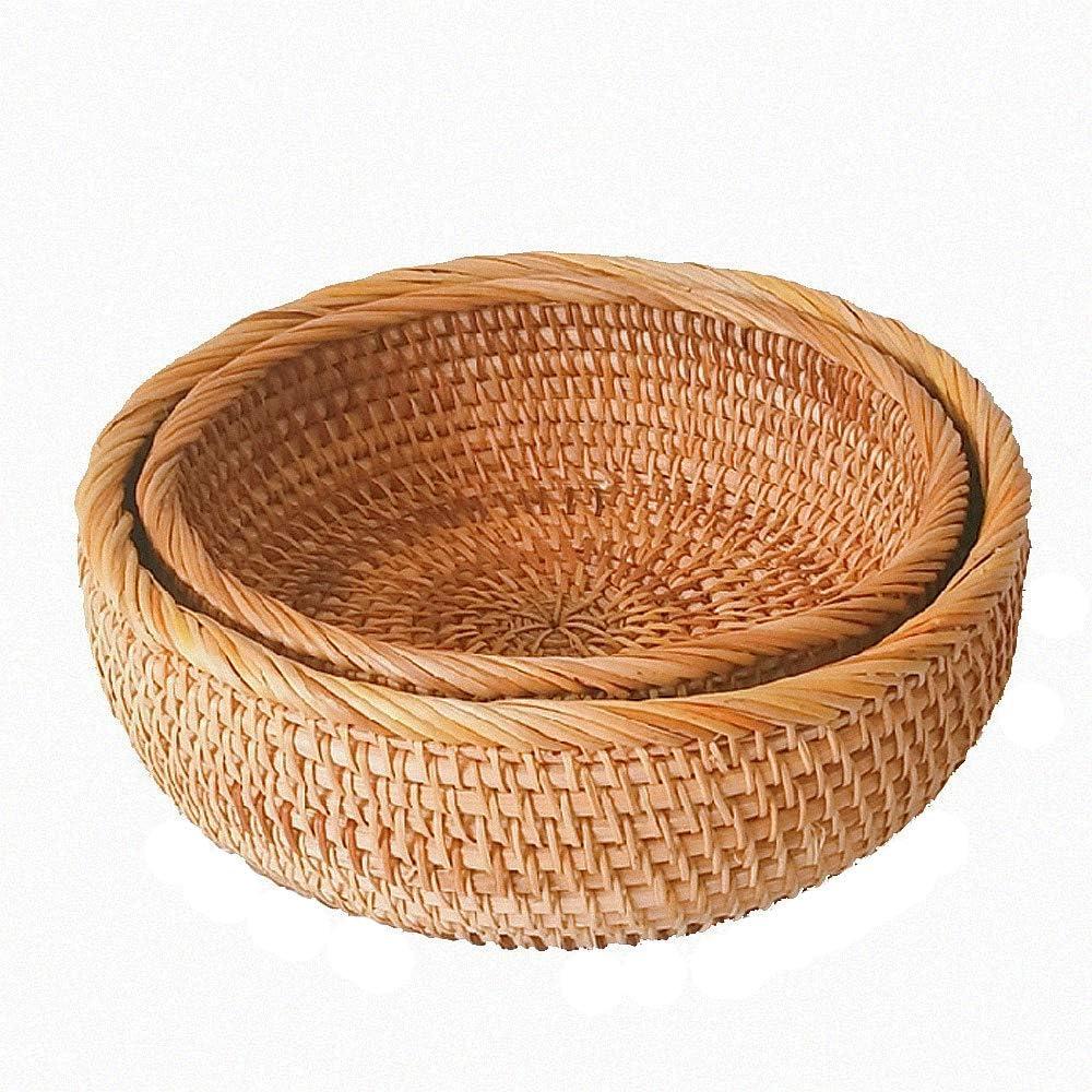Set of 2 Round Rattan Bowl Baskets, 8 9 Inch Handmade Wicker Basket Tray with 3Deep Wall, Decorative Woven Brown Bread Basket Fruit Bowl Table Key Holder, 2-Size