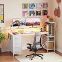 59 Inch Gaming Desk with Drawers & PC Tower Stand & LED Lights, White