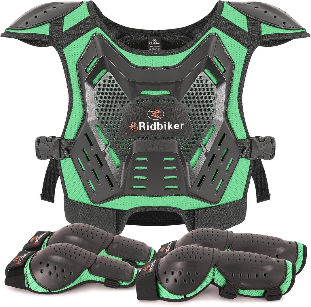 Kids Dirt Bike Gear Motocross Chest Protector Motorcycle Protective Gear Armor Vest Knee Guards Elbow Pads Dirt Bike Riding Gear for Baby Biker ATV (Green)