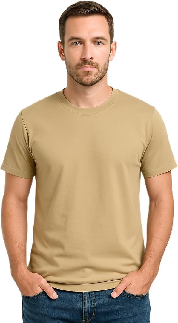 Men's 100% Cotton Crew Neck T-Shirt Classic Fit Plain Breathable & Soft Short Sleeve Tee (Brown, M)