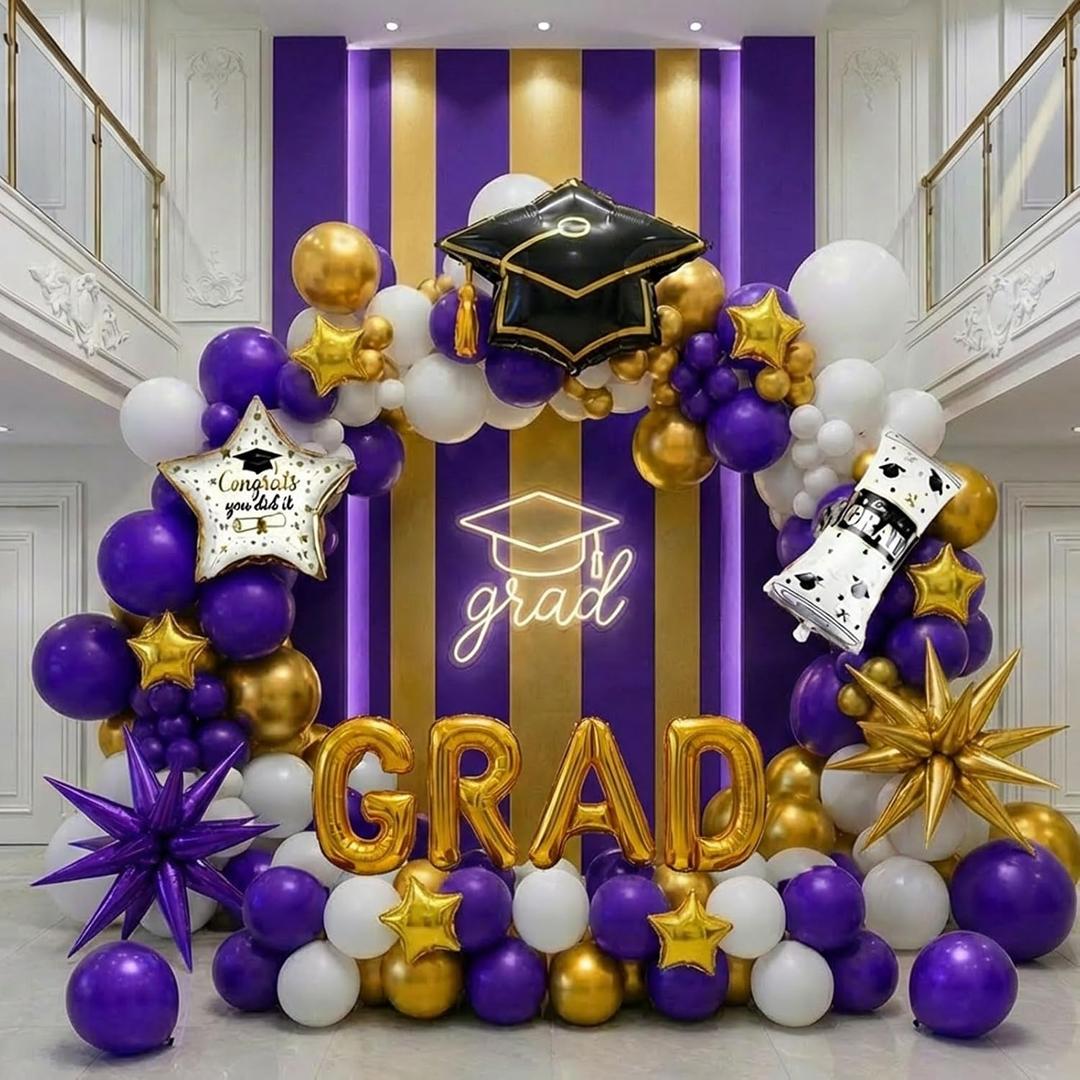 Purple White Gold Graduation Balloon Garland Arch Kit with Graduation Star print Certificate Letter Foil Balloons for Graduate Class of 2026 Grad Prom party Decorations Supplies