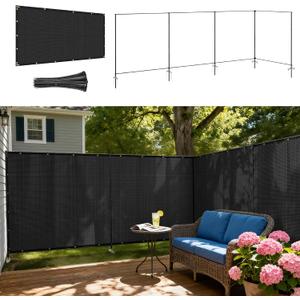 Windscreen4less Outdoor Privacy Fence Screen, 5'x24' Freestanding Privacy Fencing Set with Iron Poles and Ground Spikes, UV Resistant Mesh Cover Garden Pet Fencing for Backyard Patio Pool, Black
