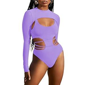 Kisscynest Women's Sexy Cutout One Piece Swimsuit Monokini with Long Sleeve Coverup Shirt Purple L