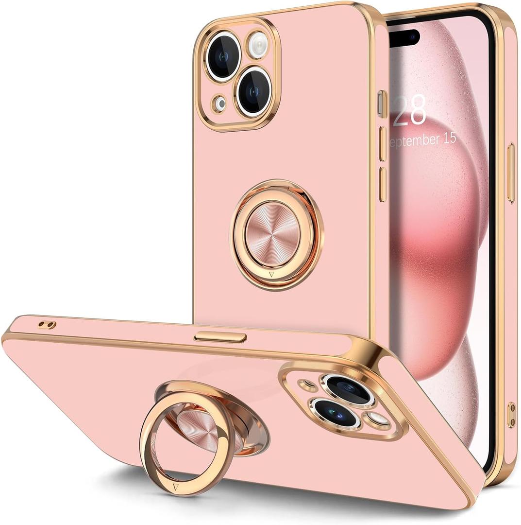 Hython for iPhone 15 Case with Ring Stand, 360 Rotatable Ring Holder Magnetic Kickstand, Plating Rose Gold Edge Soft Cover Women Girls Luxury Protective Phone Case for iPhone 15 6.1", Pink