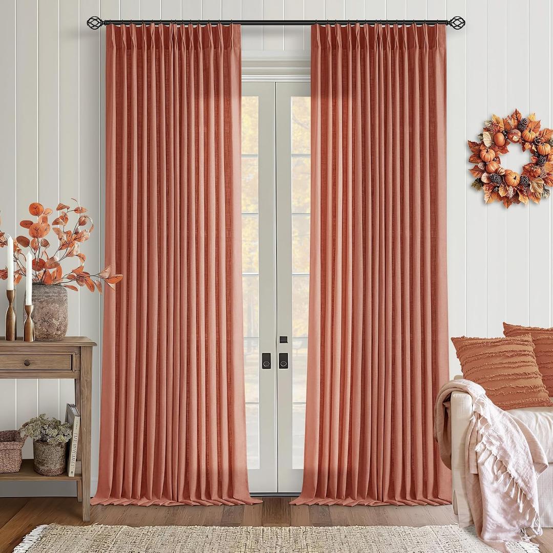 Farmhouse Terracotta Linen Curtains 102 Inches Long for Living Room Pinch Pleated Drape with Hooks Rings for Track System Light Filtering 102 Inch Curtain for Bedroom Sliding Patio Door 2 Panels
