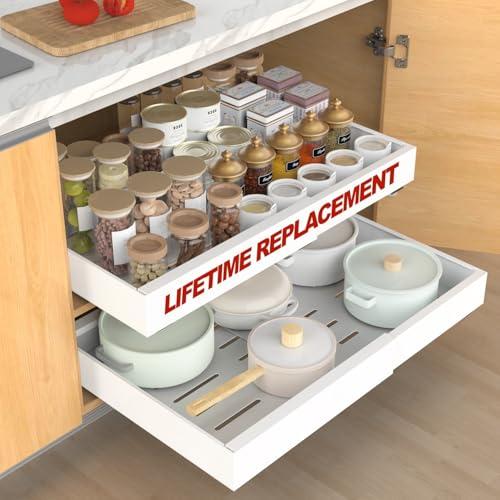 ANTOWIN 1Pack Expandable Pull Out Cabinet Organizer 16.5"Deep (12.2"-20.5" Width), Slide Out Drawers for Kitchen Cabinets, Roll Out Shelves Adhesive with 3-Layer Steel, for Cabinets Without Lip, White