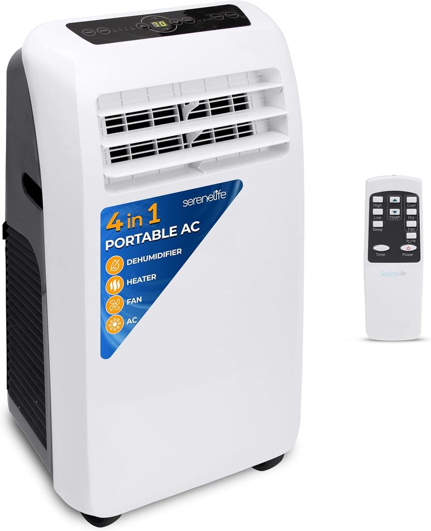 SereneLife Small Air Conditioner Portable 10,000 BTU with Built-in Dehumidifier + Heat - Portable AC unit for rooms up to 450 sq ft - Remote Control, Window Mount Exhaust Kit (White)