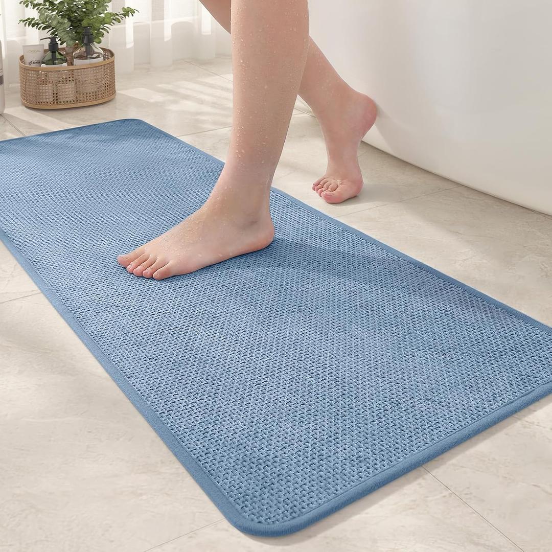 Color&Geometry Quick Dry Thin Light Blue Chenille Bathroom Runner, 17"x47" - Absorbent, Non Slip, Washable, Long Bathmat with Rubber Backing, Large Bath Mat for Floor & Shower (1'5" x 3'11" (Rectangular))