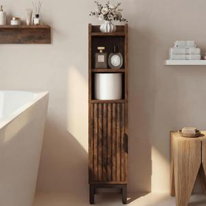 Small Bathroom Storage Cabinet, Corner Narrow Toilet Paper Floor Cabinet with Door and Shelves,Bathroom Organizer with Adjustable Shelf, for Small Spaces (Rustic Brown, 4-Tier)