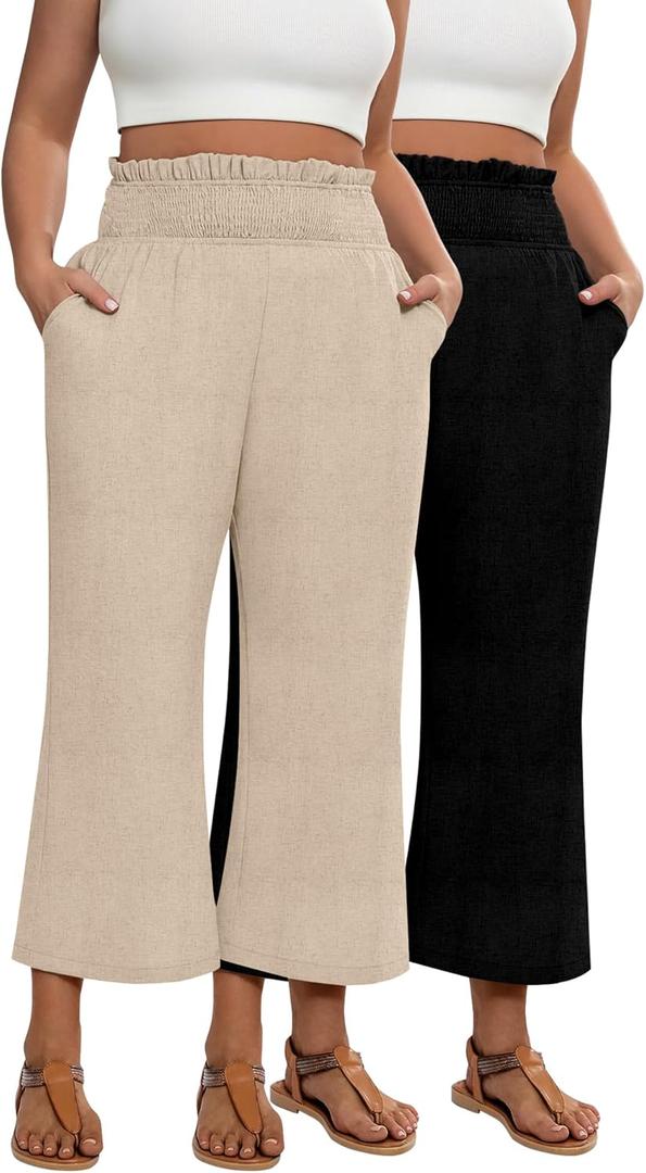 2 Pack Women's Plus Size Linen Pants, Elastic Waist Flowy Cropped Pants Casual Wide Leg Capri Palazzo Trousers (3X-Large, Khaki, Black)