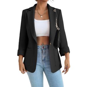Women Business Blazer Jacket Stretch Lapel Collar Long Sleeve Lapel Pockets Notched Collar Casual Work Office Blazers, Medium