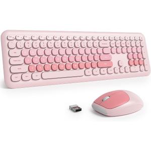 Fogruaden Quiet Wireless Pink Keyboard and Mouse, 2.4GHz Retro Cute Typewriter-Style Full-Size Colorful Keyboard and Mouse Combo, Slim Design, Low-Noise Typing for Home, Office, Windows PC, Laptop