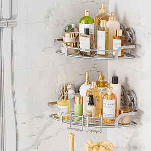 LEVERLOC 2 Pack Powerful Suction Cup Corner Shower Caddy, Stainless Steel Rustproof Shower Shelf with Hooks, DrillFree Wall Mounted Bathroom Organizer, Large Capacity Removable Suction Basket, Silver