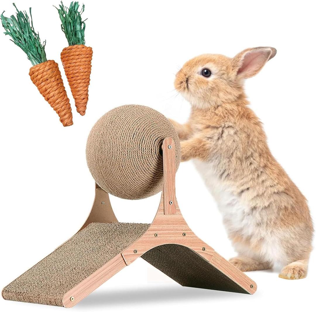 Rabbit Scratch Toy,Natural Sisal Rope Claws Scratcher Cardboard Pad Bunny Scratching Ball for Indoor Bunnies Kittens Chinchillas Small Animals Interactive Carrot and Solid Wood Scratcher Toys