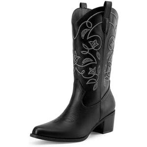 DREAM PAIRS Cowboy Boots for Women Cowgirl Western Boots Fashion Embroidery Stitched Chunky Heel Mid Calf Boots, 8