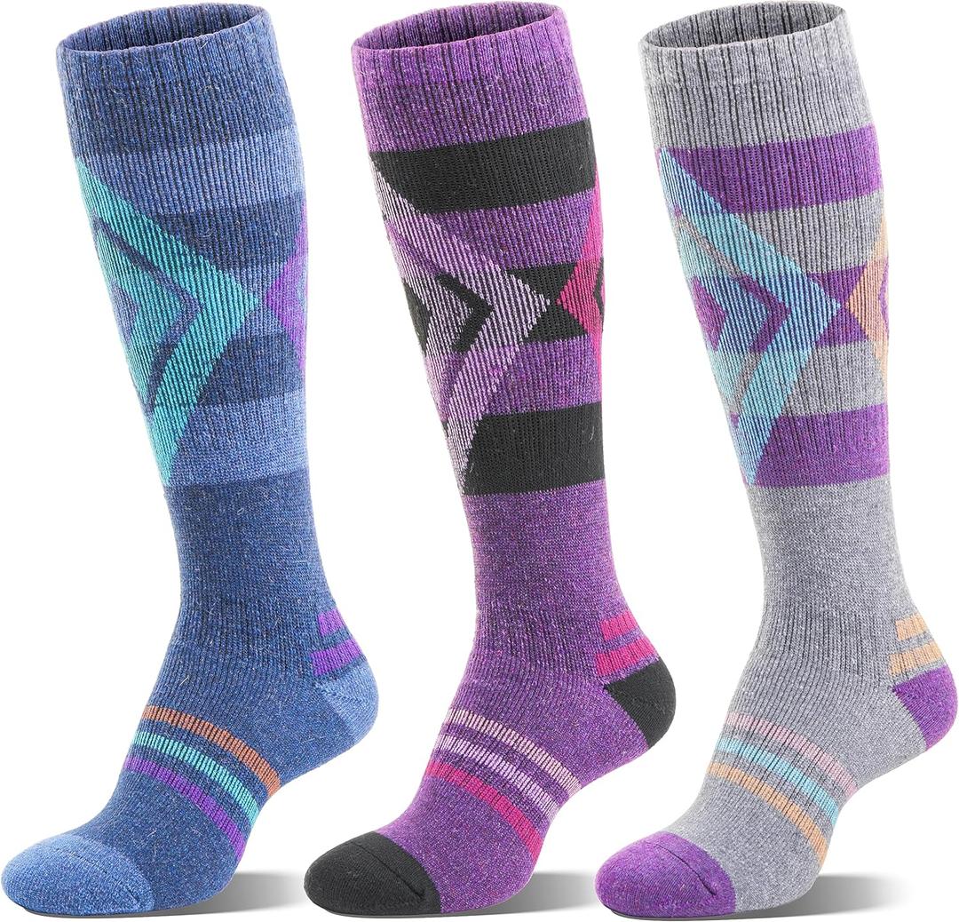 3 Pairs Merino Wool Ski Socks for Womens Mens Thermal Winter Warm Thick Knee High Socks for Skiing Snowboarding (Medium, Blue / Purple / Grey B)
