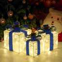 Christmas Decorations, Set of 3 Christmas Lighted Gift Boxes, Battery Operated Xmas Present Boxes, Warm White LED with Bows for Indoor Christmas Tree, Yard, Home Decor Blue Bow