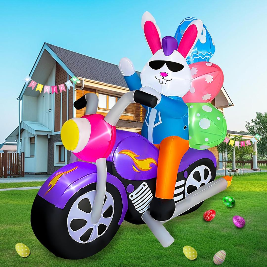 SEASONBLOW 6 FT Easter Inflatable Bunny on Motorcycle with Eggs Decorations LED Light Blow Up Rabbit for Yard Lawn Garden Home Outdoor Indoor Holiday Decor